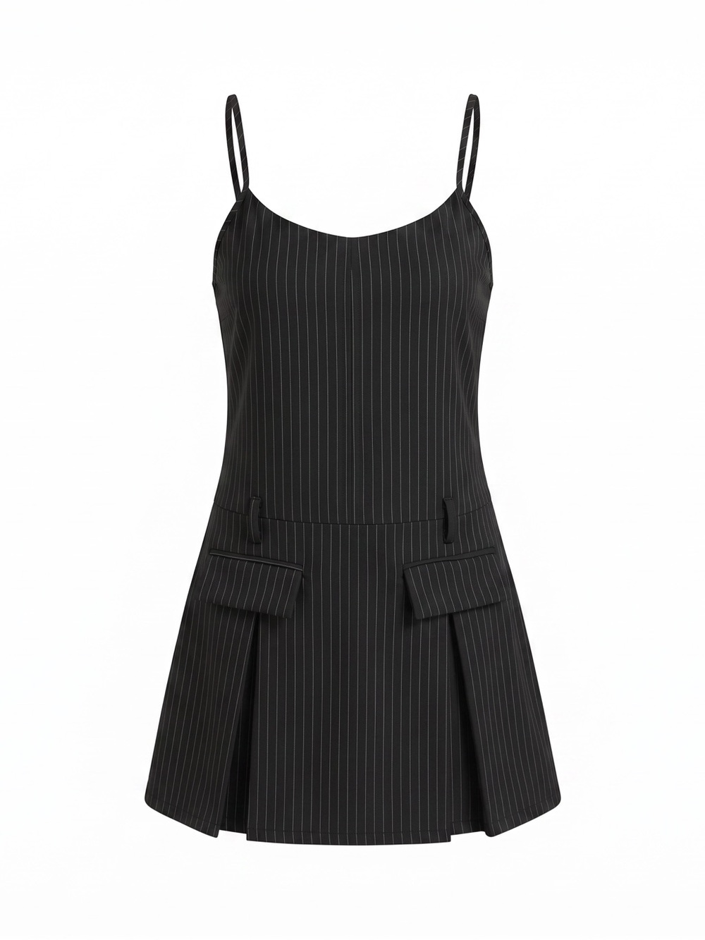 HALARA Black Pinstripe Spaghetti-Strap Mini Dress with Flap Pockets Size XL